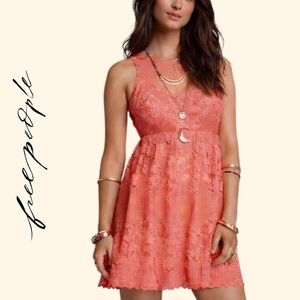 Free People Rocco Lined Lace Cherry/Coral Mini Dress Size 2